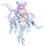 1girl armored_boots bangs blue_eyes boots breasts cleavage elbow_gloves gloves hair_between_eyes high_heel_boots high_heels highres hip_armor holding holding_weapon large_breasts leotard long_hair mecha_musume original pinakes purple_hair science_fiction solo thighhighs weapon white_background 