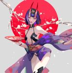  board_game cherry_blossoms cup fate/grand_order fate_(series) flower go highres holding horns japanese_clothes karna_(fate) kimono looking_at_viewer oni oni_horns open_clothes purple_eyes purple_hair revealing_clothes sakazuki sakuramochi1003 short_hair shuten_douji_(fate) solo 