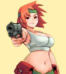  1girl advance_wars aiming_at_viewer banned_artist breasts cleavage domino_(advance_wars) finger_on_trigger green_headband groin gun handgun headband highres holding holding_gun holding_weapon junkpuyo large_breasts looking_at_viewer navel orange_hair pistol pouch short_hair solo sports_bra weapon white_sports_bra 