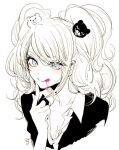  1girl :q bangs bear_hair_ornament blood blood_from_mouth blue_eyes breasts cleavage collarbone commentary_request cropped_torso danganronpa:_trigger_happy_havoc danganronpa_(series) enoshima_junko finger_to_cheek hair_ornament hand_up long_hair looking_at_viewer shirt smile solo tongue tongue_out yokoyari_mengo 