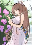  1girl alternate_costume brown_hair cherry_blossoms commentary_request cowboy_shot dress flower hair_flower hair_ornament kantai_collection long_hair looking_at_viewer ponytail scrunchie smile solo transparent transparent_umbrella umbrella white_dress work_in_progress yamato_(kancolle) yunamaro 