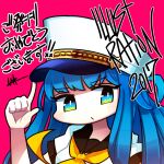  1girl 2017 bangs blue_eyes blue_hair blush eyebrows_visible_through_hair hand_up hat illustration.media index_finger_raised long_hair neckerchief no_nose original pink_background shirt short_sleeves simple_background solo white_headwear white_shirt yellow_neckwear yuui_thiigo 