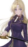  1girl black_cat_(series) blonde_hair blue_eyes breasts cowboy_shot epaulettes expressionless facial_mark forehead_mark highres light_blush long_hair looking_at_viewer medium_breasts mexifime saber_(weapon) sephiria_arks sword weapon white_background white_neckwear 