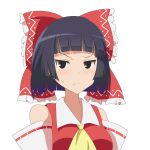  1girl bangs bare_shoulders black_eyes bow cato_(monocatienus) closed_mouth collar dress grey_hair hakurei_reimu highres hime_cut long_sleeves looking_at_viewer red_bow red_dress short_hair simple_background solo touhou white_background white_collar white_sleeves yellow_neckwear 
