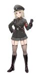  1girl absurdres armband black_footwear black_gloves black_headwear blonde_hair boots commission full_body garter_straps gloves hat highres long_sleeves microskirt military military_uniform nazi original peaked_cap pleated_skirt red_eyes short_hair skindentation skirt solo standing swastika thighhighs thighhighs_under_boots unicron_(brous) uniform world_war_ii 
