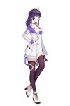  1girl absurdres alternate_eye_color alternate_hairstyle antenna_hair bare_shoulders blue_eyes boots closed_mouth full_body hands_on_hips highres honkai_(series) honkai_impact_3rd hymxiaocyan jacket kneehighs long_hair looking_to_the_side purple_hair raiden_mei raiden_mei_(striker_fulminata) shirt simple_background solo white_background white_footwear white_jacket white_shirt 