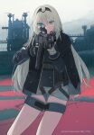  1girl absurdres aiming an-94 an-94_(girls&#039;_frontline) assault_rifle bangs black_gloves black_jacket blue_eyes character_name commentary_request cowboy_shot dear_faith girls&#039;_frontline gloves gun hair_between_eyes hairband highres holding holding_gun holding_weapon jacket long_hair long_sleeves mixed-language_commentary optical_sight outdoors rifle russian_text silver_hair solo weapon 