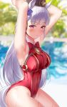  1girl animal_ears armpits arms_behind_head arms_up bangs blunt_bangs blush breasts ear_covers gold_ship_(umamusume) grey_hair grin highleg highleg_swimsuit highres horse_ears horse_girl long_hair looking_at_viewer one-piece_swimsuit pillbox_hat purple_eyes red_swimsuit shirosaba smile solo swimsuit thighs umamusume wet 