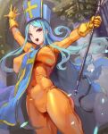  1girl blue_hair bodysuit breasts covered_navel dragon_quest dragon_quest_iii gloves kazo large_breasts long_hair looking_at_viewer mitre priest_(dq3) puffy_nipples red_eyes smile solo thighs yellow_gloves 
