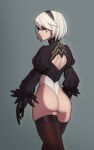  1girl absurdres ass back_cutout black_blindfold black_gloves black_hairband black_legwear blindfold boots clothing_cutout covered_eyes feather-trimmed_sleeves fellming gloves grey_hair hairband highres juliet_sleeves leotard long_sleeves mole mole_under_mouth nier_(series) nier_automata no_bra nose puffy_sleeves short_hair solo thick_thighs thigh_boots thighhighs thighhighs_under_boots thighs thong_leotard walking_away white_leotard yorha_no._2_type_b 