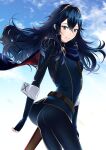  1girl ameno_(a_meno0) armor ass bangs belt blue_cape blue_eyes blue_gloves blue_hair blue_legwear blue_shirt blue_sky blue_sweater breasts cape cloud day falchion_(fire_emblem) fingerless_gloves fire_emblem fire_emblem_awakening floating_hair gloves hair_between_eyes hair_ornament long_hair long_sleeves looking_at_viewer lucina_(fire_emblem) multicolored multicolored_cape multicolored_clothes outdoors parted_lips red_cape ribbed_sweater sheath sheathed shirt shoulder_armor sky small_breasts smile solo sweater sword symbol-shaped_pupils teeth tiara weapon 