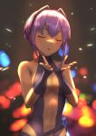  1girl announ_(kurotya) black_gloves black_leotard blown_kiss blurry blurry_background blush breasts center_opening closed_eyes commentary_request dark_skin fate/grand_order fate/prototype fate/prototype:_fragments_of_blue_and_silver fate_(series) fingerless_gloves gloves hassan_of_serenity_(fate) highres leotard medium_breasts navel purple_hair short_hair solo triangle_mouth upper_body 