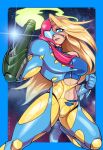  1girl arm_blade arm_cannon blonde_hair blue_eyes crop_top fusion_suit long_hair looking_at_viewer metroid metroid_fusion mike_luckas navel pose power_armor samus_aran smile solo space stomach toned weapon 