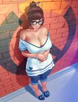  1girl bangs bare_shoulders black-framed_eyewear breasts brick_wall brown_eyes brown_hair cleavage foreshortening from_above glasses hair_bun hair_ornament hair_stick large_breasts looking_at_viewer mei_(overwatch) nikita_varb overwatch overwatch_(logo) short_hair slippers solo swept_bangs 