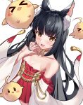  1girl absurdres animal_ear_fluff animal_ears azur_lane bangs bare_shoulders black_hair blush breasts choker cleavage collarbone detached_sleeves dress eyebrows_visible_through_hair fang fingers_to_cheeks fox_ears fox_girl gold_choker gold_trim hands highres hime_cut lipstick long_hair looking_at_viewer makeup manjuu_(azur_lane) mimiim nagato_(azur_lane) nail_polish open_mouth pleated_dress raised_eyebrows red_dress sidelocks small_breasts smile spread_fingers straight_hair strapless strapless_dress teeth tongue very_long_hair white_background white_sleeves yellow_eyes 