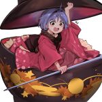  1girl arm_up blush bowl bowl_hat doro_au hair_intakes hat highres holding holding_needle in_bowl in_container japanese_clothes kimono needle open_mouth purple_hair red_eyes red_kimono short_hair simple_background solo sukuna_shinmyoumaru touhou white_background 