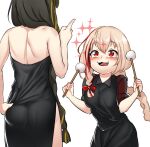  2girls :3 alternate_costume ass back bangs bare_shoulders black_dress blonde_hair blush braid braided_ponytail commentary_request dress drumsticks fang girls&#039;_frontline hair_between_eyes hair_over_shoulder hair_ribbon hand_on_hip happy highres holding holding_drumsticks korean_commentary long_hair m16a1_(girls&#039;_frontline) m4_sopmod_ii_(girls&#039;_frontline) multicolored_hair multiple_girls open_mouth pointing red_eyes red_hair ribbon sd_bigpie short_sleeves side_braid side_slit sparkle strapless strapless_dress streaked_hair white_background 