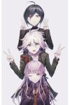  1girl 2boys :d ahoge bangs black_gloves black_hair black_jacket black_ribbon border braid brown_eyes brown_neckwear collared_shirt danganronpa:_trigger_happy_havoc danganronpa_(series) danganronpa_2:_goodbye_despair danganronpa_v3:_killing_harmony double_v eyebrows_visible_through_hair gloves goto_(sep) green_jacket grey_background grey_hair hair_between_eyes hair_ribbon highres hood hood_down jacket kirigiri_kyouko komaeda_nagito long_sleeves looking_at_viewer medium_hair multiple_boys necktie one_eye_closed open_clothes open_jacket open_mouth purple_eyes purple_hair ribbon saihara_shuuichi shiny shiny_hair shirt short_hair side_braid side_ribbon smile striped_jacket sweatdrop upper_body upper_teeth v w white_border 