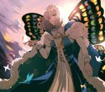  1boy backlighting bangs blonde_hair blue_cape blue_coat blue_eyes bug butterfly butterfly_on_finger butterfly_wings cape cloud coat commentary_request crown eyebrows_visible_through_hair fate/grand_order fate_(series) fur-trimmed_cape fur_trim gold_trim highres insect insect_on_finger long_sleeves looking_at_viewer male_focus oberon_(fate) outdoors pink_sky robe shinoda_mugi short_hair smile solo tassel twilight white_robe wings 