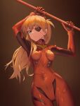  1girl absurdres arms_up ass_visible_through_thighs blue_eyes brown_hair covered_navel cowboy_shot evangelion:_3.0_you_can_(not)_redo eyepatch highres interface_headset laza_(0ldsong) long_hair looking_at_viewer neon_genesis_evangelion plugsuit polearm rebuild_of_evangelion solo souryuu_asuka_langley weapon 