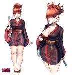  1girl bangs blunt_bangs bra breasts cleavage dango earrings food hair_bun hair_ornament hair_stick highres holding holding_food japanese_clothes jewelry kenron_toqueen kimono kimono_pull lace lace_bra long_sleeves looking_at_viewer multiple_views obi original print_kimono red_hair sash short_kimono short_yukata simple_background standing tomatita underwear wagashi white_background wide_shot wide_sleeves yukata 