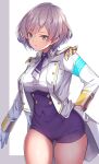  1girl blue_eyes breasts closed_mouth commentary_request epaulettes eyebrows_visible_through_hair gloves gridman_universe hair_between_eyes hand_on_hip highres konnyaku_(kk-monmon) long_sleeves looking_at_viewer medium_breasts military military_uniform mujina short_hair silver_hair solo ssss.dynazenon thighs uniform white_gloves 