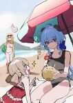  5girls :d ? absurdres bangs beach bebe_pp bikini black_swimsuit blonde_hair blue_hair breasts eyebrows_visible_through_hair eyewear_on_head flower ganyu_(genshin_impact) genshin_impact hair_flower hair_ornament highres horns jean_gunnhildr klee_(genshin_impact) long_hair lumine_(genshin_impact) multiple_girls navel one-piece_swimsuit open_mouth paimon_(genshin_impact) parasol pointy_ears ponytail purple_eyes red_eyes sitting sketch smile sunglasses swimsuit teeth twintails umbrella watermark white_bikini yellow_eyes 