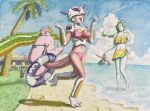  3girls artist_name beach bikini blue_sky braid breast_padding circlet cloud dodoria dragon_ball dragon_ball_(object) dragon_ball_z eighth_note food frieza genderswap genderswap_(mtf) goggles green_hair hammar_dobucof highres horns long_hair multiple_girls musical_note ocean palm_tree pink_bikini popsicle purple_eyes shenlong_(dragon_ball) signature single_braid sky snorkel space_craft swimsuit tail traditional_media tree watercolor_(medium) yellow_bikini zarbon 