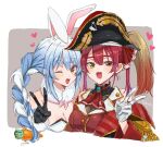  2girls animal_ear_fluff animal_ears bangs blue_hair blush braid breasts bunny_ears carrot_hair_ornament dakuryuu eyebrows_visible_through_hair food-themed_hair_ornament hair_ornament hair_ribbon hat heterochromia hololive houshou_marine large_breasts long_hair looking_at_viewer multicolored_hair multiple_girls one_eye_closed open_mouth red_eyes red_hair ribbon smile twin_braids twintails two-tone_hair usada_pekora v virtual_youtuber white_hair yellow_eyes 