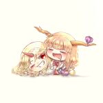  2girls =_= blonde_hair blush chibi clenched_teeth cuffs drooling gourd highres horns hoshiguma_yuugi ibuki_suika light_brown_hair long_hair multiple_girls one_eye_closed oni_horns red_eyes shackles simple_background star_(symbol) suna_sen teeth touhou white_background 