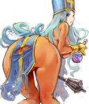  1girl ass bent_over bodysuit breasts commentary_request dragon_quest dragon_quest_iii kazo large_breasts long_hair looking_at_viewer looking_back mitre orange_bodysuit potion priest_(dq3) simple_background solo torn_clothes white_background 