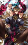  1girl abs armor armpits arms_up bangs bare_shoulders biceps black_dress blonde_hair blue_eyes breasts brown_legwear casul chain covered_navel dress earrings fate/grand_order fate_(series) gauntlets gawain_(fairy_knight)_(fate) heterochromia highres horns huge_breasts jewelry long_hair looking_at_viewer lying muscular muscular_female necklace on_back pantyhose pauldrons pelvic_curtain red_eyes shoulder_armor single_gauntlet single_pauldron smile solo spread_legs sword thighs toned weapon 