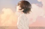  1girl absurdres brown_eyes brown_hair cloud commentary d4dj english_commentary from_side giraffe_three highres looking_up miyake_aoi outdoors parted_lips profile shirt short_hair sky solo upper_body white_shirt 