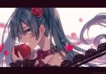  1girl apple aqua_eyes aqua_hair aqua_nails aryuma772 backlighting bare_shoulders black_sleeves bloom blurry depth_of_field food from_side fruit half-closed_eyes hatsune_miku holding holding_food holding_fruit imminent_bite lace lace_ribbon looking_at_viewer looking_to_the_side petals profile red_apple romeo_to_cinderella_(vocaloid) smile solo sparkle twintails twitter_username vintage_dress_(module) vocaloid wide_sleeves 