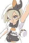  1girl bangs bea_(pokemon) black_hairband bodysuit dark-skinned_female dark_skin grey_eyes grey_hair hair_between_eyes hairband highres namori pokemon pokemon_(game) pokemon_swsh short_hair simple_background solo white_background 