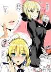 1girl :t ahoge artoria_pendragon_(all) black_bow black_dress blonde_hair blush bow braid braided_bun breasts burger dress dual_persona embarrassed fate/stay_night fate_(series) food food_on_face green_eyes hair_between_eyes hair_bow hand_up holding holding_food kojima_saya looking_at_viewer medium_breasts multiple_views parted_lips pink_background saber_alter sitting wide-eyed yellow_eyes 