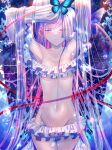  1girl armpits arms_up bangs bare_shoulders bikini breasts bug butterfly closed_eyes collarbone fate/grand_order fate_(series) frilled_bikini frills highres insect kinom_(sculpturesky) long_hair meltryllis_(fate) meltryllis_(swimsuit_lancer)_(fate) navel puffy_sleeves purple_hair sleeves_past_fingers sleeves_past_wrists solo swimsuit thighs very_long_hair white_bikini 