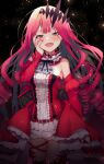  1girl :d absurdres black_background blush cowboy_shot cravat curly_hair detached_collar detached_sleeves dress fangs fate/grand_order fate_(series) frills grey_eyes grey_neckwear hand_on_own_face headpiece highres long_hair looking_at_viewer open_mouth red_dress red_hair red_sleeves short_dress shuvui smile solo standing thighhighs tristan_(fairy_knight)_(fate) 