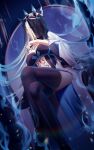  1girl bangs blue_eyes braid breasts crown dress fate/grand_order fate_(series) french_braid highres large_breasts long_hair looking_at_viewer morgan_le_fay_(fate) rimuu silver_hair sitting thighs very_long_hair 