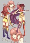  armlet armor bangs bare_shoulders blunt_bangs breastplate cape celica_(fire_emblem) character_name collarbone commentary_request english_text eyebrows_visible_through_hair fighting_stance fire_emblem fire_emblem_echoes:_shadows_of_valentia fire_emblem_gaiden fire_emblem_heroes furikawa_arika grey_background hand_in_hair hand_on_own_chin hand_up high_heels highres holding holding_sword holding_weapon leg_armor leg_ribbon light_blush long_hair looking_away looking_to_the_side multiple_views red_cape red_eyes red_footwear red_hair red_ribbon ribbon shoulder_armor sidelocks simple_background sword weapon 