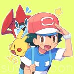  1boy :d ame_(ame025) ash_ketchum backpack bag bangs baseball_cap bright_pupils brown_eyes commentary_request copyright_name gen_1_pokemon gen_4_pokemon green_background green_hair hat holding_strap male_focus open_mouth outline pikachu pokemon pokemon_(anime) pokemon_sm_(anime) red_headwear rotom rotom_dex shirt short_hair short_sleeves smile star_(symbol) striped striped_shirt t-shirt white_pupils z-ring 