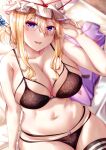  1girl :d blonde_hair blurry breasts cleavage depth_of_field from_above hat highres large_breasts light_blush long_hair looking_at_viewer mirufui mob_cap navel on_bed open_mouth purple_eyes sidelocks sitting smile solo tabard_removed touhou underwear yakumo_yukari 
