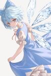  1girl blue_dress blue_eyes blue_hair blush bow cirno dress dutch_angle feet_out_of_frame from_side grey_background hair_bow ice ice_wings lazuri7 looking_at_viewer short_hair simple_background smile solo touhou wings 