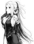  1girl blush breasts circlet cleavage cowboy_shot detached_sleeves dress ear_covers from_side gloves greyscale hand_up kazabuki_poni large_breasts long_hair monochrome parted_lips pointy_ears sekaiju_no_meikyuu sekaiju_no_meikyuu_5 simple_background solo standing warlock_(sekaiju) white_background 