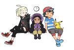  1girl 2boys ? ahoge ame_(ame025) ash_ketchum bangs baseball_cap black_footwear black_hair black_pants blonde_hair blue_footwear bonnet boots closed_eyes closed_mouth commentary_request gen_1_pokemon gladion_(pokemon) gloves grey_pants half-closed_eyes hapu_(pokemon) hat hood hood_down hoodie invisible_chair jumpsuit long_hair multiple_boys pants pikachu pokemon pokemon_(anime) pokemon_(creature) pokemon_sm_(anime) purple_headwear red_footwear red_headwear shirt shoes short_hair short_sleeves sitting smile spoken_question_mark striped striped_shirt sweat t-shirt torn_clothes torn_pants twintails wavy_mouth 