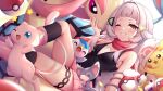  1girl arata_(xin) bangs beanie black_shirt blunt_bangs blush breasts cosplay dawn_(pokemon) dawn_(pokemon)_(cosplay) glameow grin hair_ornament hairclip hand_on_another&#039;s_face hat hat_removed headwear_removed hololive looking_at_viewer mew milotic murasaki_shion one_eye_closed pikachu pink_skirt poke_ball poke_ball_(basic) poke_ball_symbol pokemon pokemon_(creature) pokemon_(game) pokemon_bdsp potion_(pokemon) shirt silver_hair skirt small_breasts smile sparkle star_(symbol) thigh_strap thighs third-party_source virtual_youtuber white_headwear yellow_eyes 