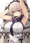  1girl armpits arms_up azur_lane bangs bare_shoulders black_choker black_neckwear black_sailor_collar blush bow_dress breasts chinese_commentary choker closed_mouth clothing_cutout collarbone commentary_request dress earrings eyebrows_visible_through_hair feather_dress formidable_(azur_lane) formidable_(timeless_classics)_(azur_lane) grey_hair hair_between_eyes hair_ornament hair_ribbon highres jewelry large_breasts long_hair looking_at_viewer navel navel_cutout neckerchief official_alternate_costume red_eyes ribbon sailor_collar simple_background sleeveless sleeveless_dress smile solo standing stud_earrings twintails two-tone_ribbon upper_body veil very_long_hair white_background white_dress youxuemingdie 
