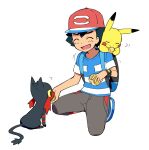  1boy ame_(ame025) ash_ketchum backpack bag bangs baseball_cap black_hair blue_footwear blue_shirt closed_eyes commentary_request feeding gen_1_pokemon gen_7_pokemon grey_pants hat holding kneeling litten male_focus open_mouth pants pikachu pokemon pokemon_(anime) pokemon_(creature) pokemon_on_back pokemon_sm_(anime) red_headwear shirt shoes short_sleeves smile starter_pokemon striped striped_shirt t-shirt tongue |d 