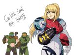  1girl 2boys arm_cannon armor bangs blonde_hair blue_eyes doom_(series) doom_eternal doomguy glowing gun halo_(game) helmet highres long_hair master_cycle metroid metroid_dread multiple_boys one_eye_closed ponytail power_armor praetor_suit samus_aran science_fiction sidelocks simple_background space_marine tina_fate upper_body varia_suit weapon white_background 