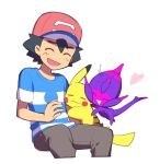  1boy ame_(ame025) arm_hug ash_ketchum bangs baseball_cap black_hair blue_shirt brown_pants gen_1_pokemon gen_7_pokemon hat heart invisible_chair male_focus open_mouth pants pikachu poipole pokemon pokemon_(anime) pokemon_(creature) pokemon_sm_(anime) shirt short_hair short_sleeves simple_background sitting smile striped striped_shirt t-shirt ultra_beast white_background |d 